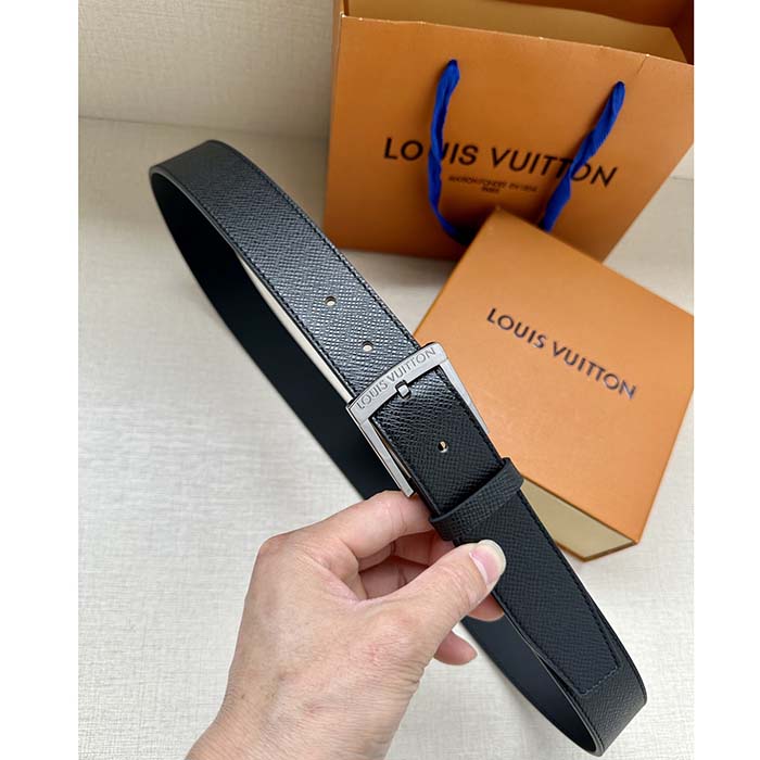 Louis Vuitton Unisex LV Pont Neuf 35 MM Belt Black Taiga Calf Leather Lining