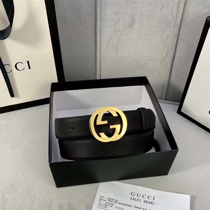 Gucci Unisex GG Blondie Belt Black Leather Round Interlocking G Buckle 3 CM Width