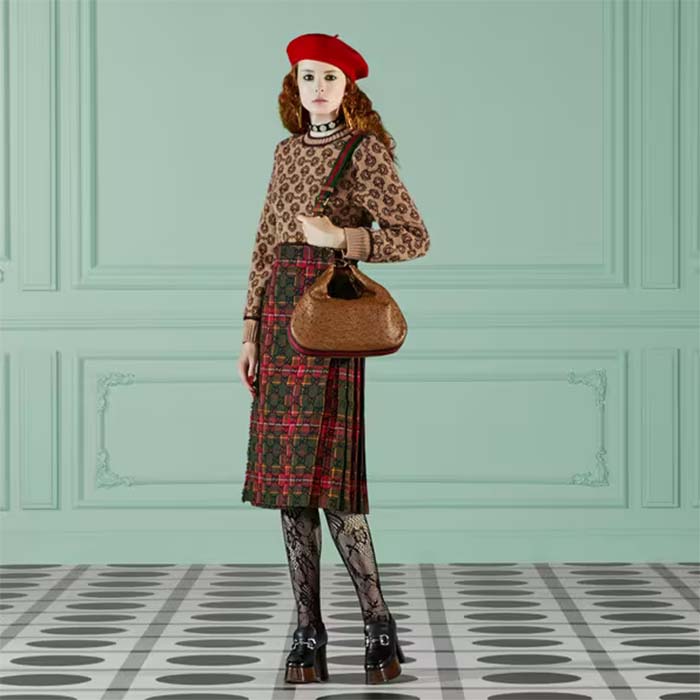 Gucci Women GG Horsebit Cashmere Jacquard Sweater Camel Brown Wool Crewneck