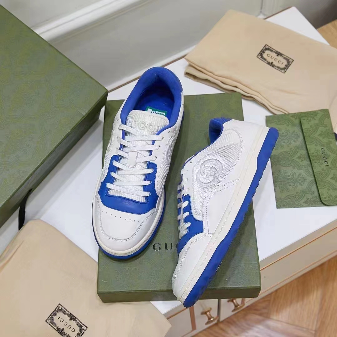 Gucci Unisex GG MAC80 Sneaker Off White Blue Leather Round Toe Rubber Flat