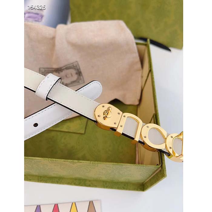 Gucci Unisex Buckle Thin Belt White Leather Gold-Toned Hardware 2 CM Width