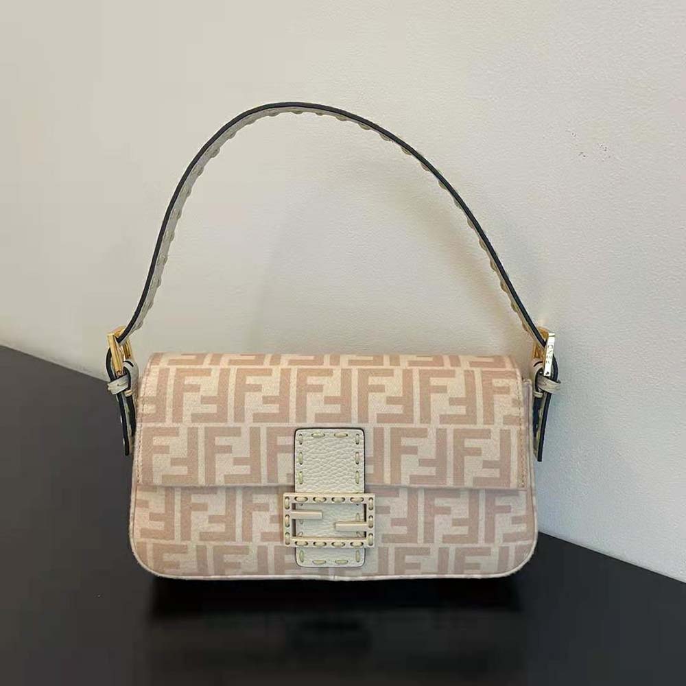 Fendi Women Medium Baguette 1997 Beige FF Wool Bag