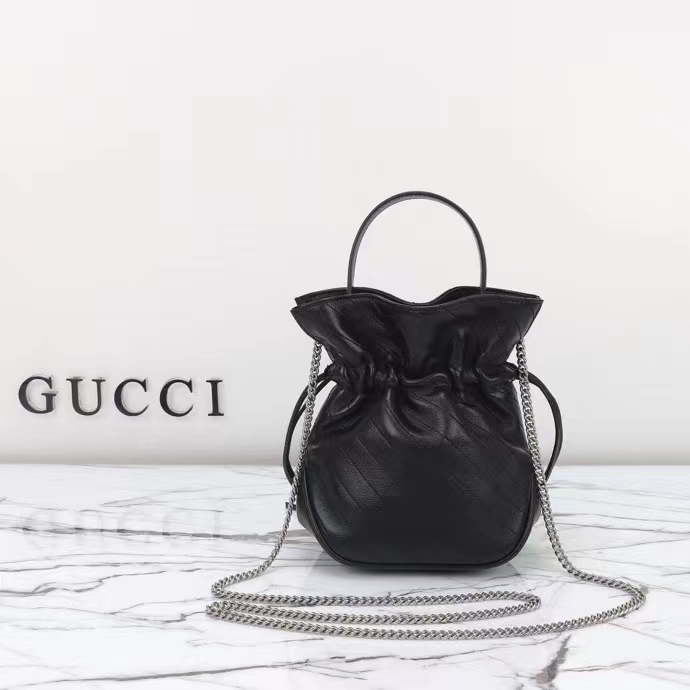 Gucci Women GG Blondie Mini Bucket Bag Black Leather Round Interlocking G