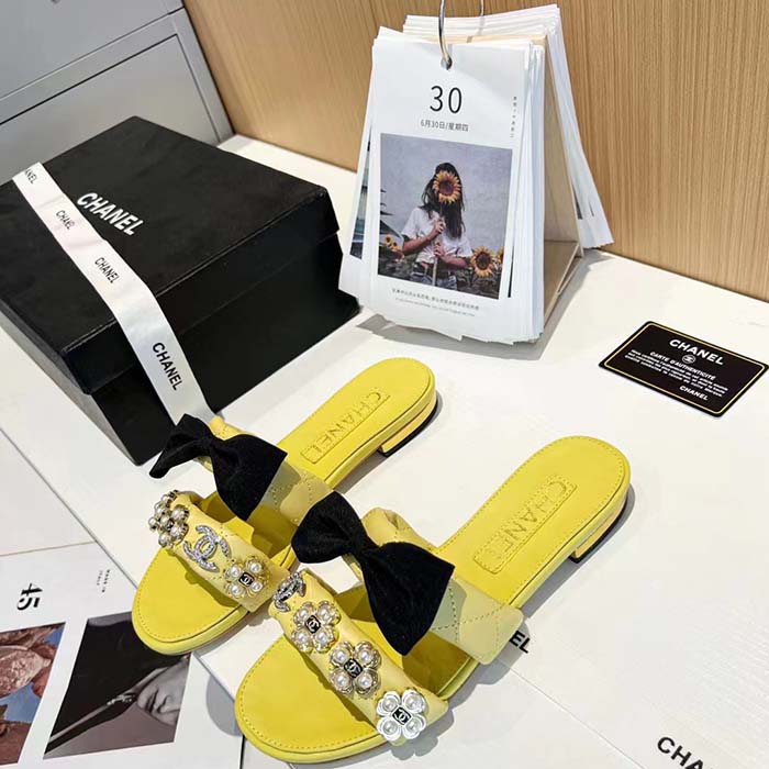 Chanel Women Mules Lambskin Yellow Black 1.5 Cm Heel