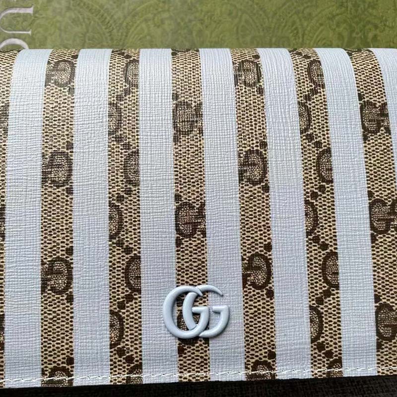 Gucci Women Double G Mini Bag Chain Blue Stripe Print Beige Ebony GG Supreme Canvas