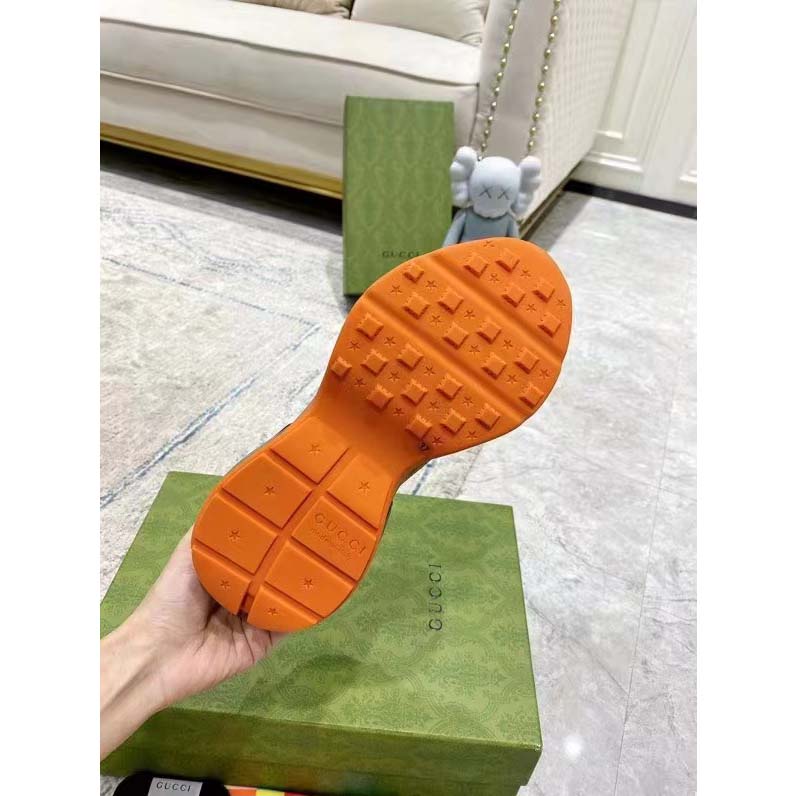 Gucci Unisex Rhyton Sneaker Beige Brick Red GG Supreme Canvas Low Heel