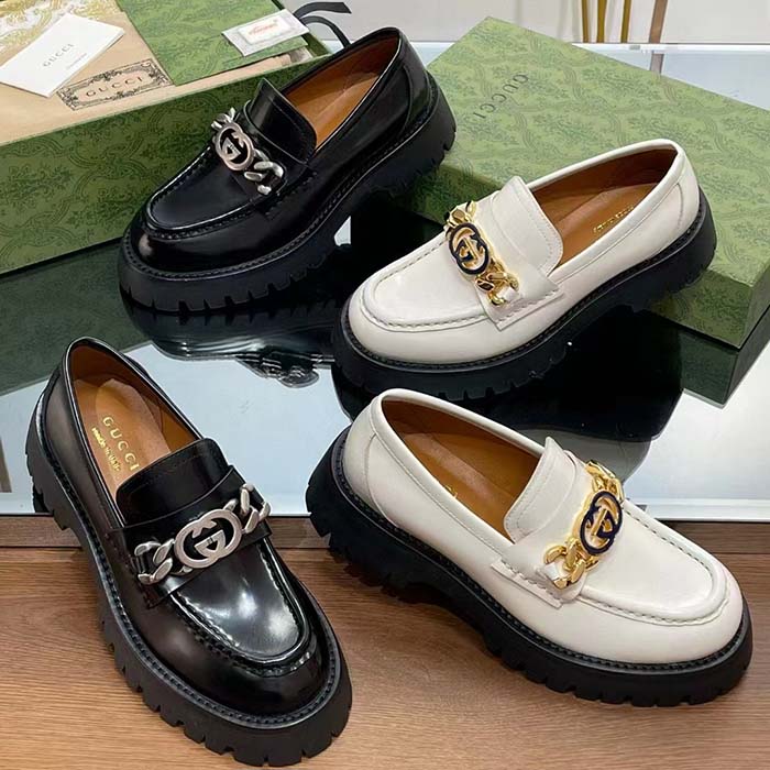 Gucci Women GG Lug Sole Loafer White Leather Interlocking G Chain Rubber Flat