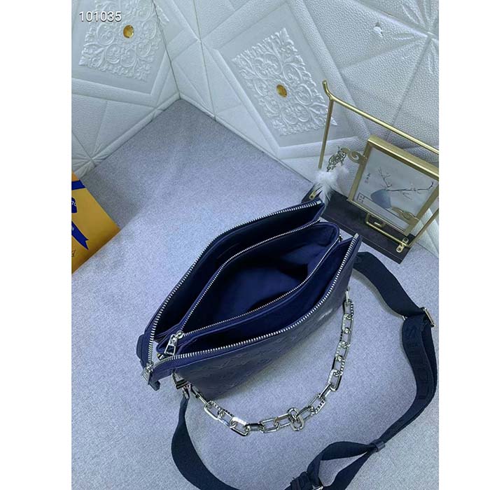 Louis Vuitton LV Women Coussin PM Handbag Marine Blue Monogram Embossed Puffy Lambskin Calfskin Leather