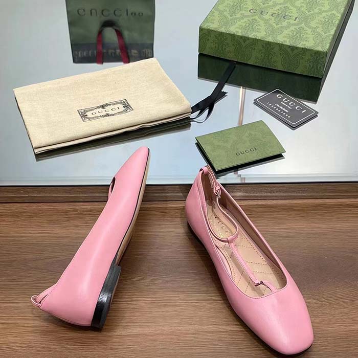 Gucci Women GG Ballet Flat Double G Pink Leather Sole Flat 1 Cm Heel