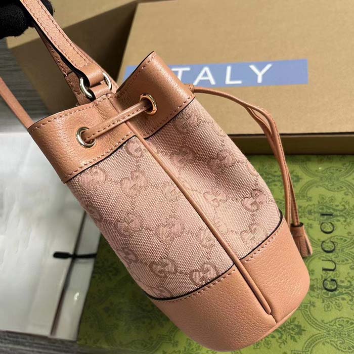 Gucci Women Ophidia Mini GG Bucket Bag Pink Canvas Leather Drawstring Closure