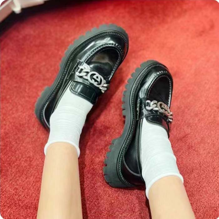 Gucci Women GG Interlocking G Lug Sole Loafer Black Leather Rubber Flat 1.5 CM Heel