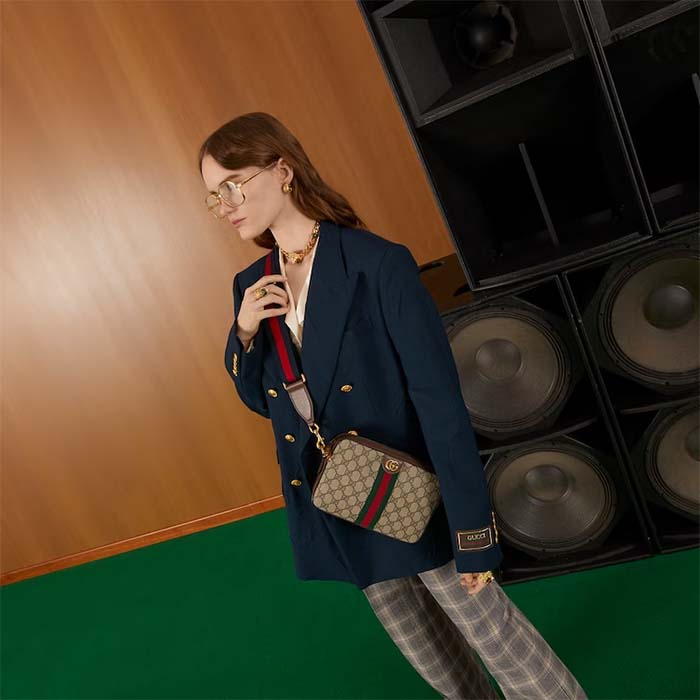 Gucci Unisex Ophidia GG Shoulder Bag Beige Ebony GG Supreme Canvas Double G