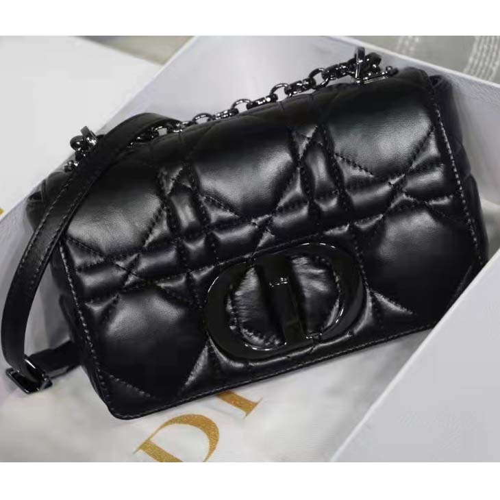 Dior Women CD Small Dior Caro Bag Black Quilted Macrocannage Calfskin