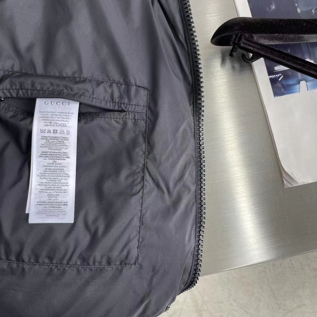 Gucci Women Nylon Down Jacket GG Iserts Black Canvas High Neck Velcro Cuffs Zip Closure