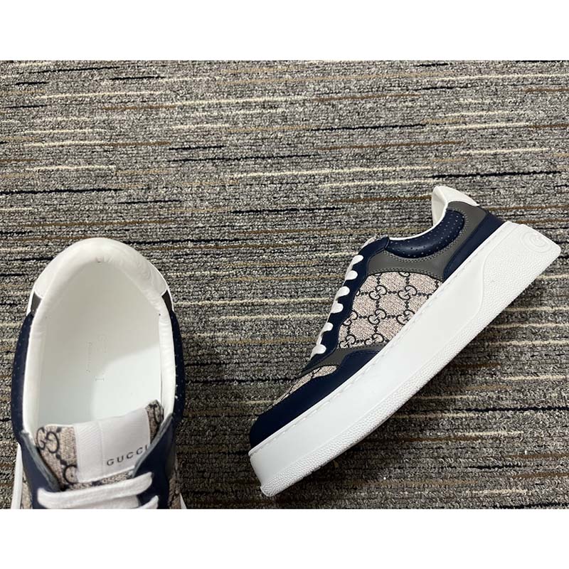 Gucci Unisex GG Sneaker Beige Blue Supreme Canvas Rubber Mid 5.5 Cm Heel