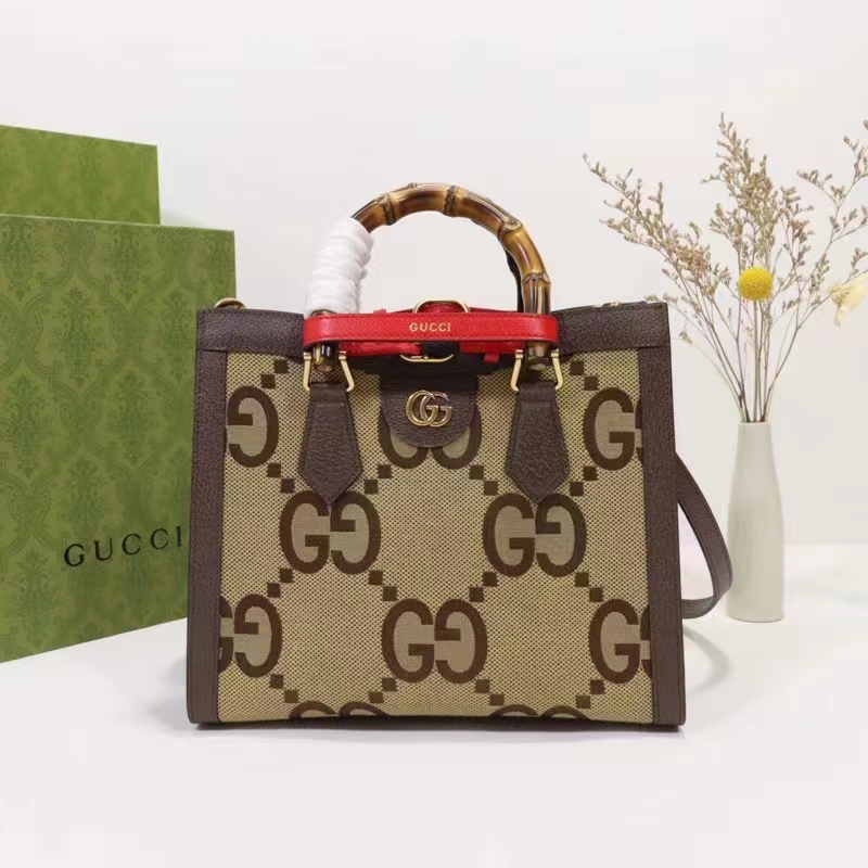 Gucci Unisex Diana Jumbo GG Small Tote Bag Double G Camel Brown Canvas