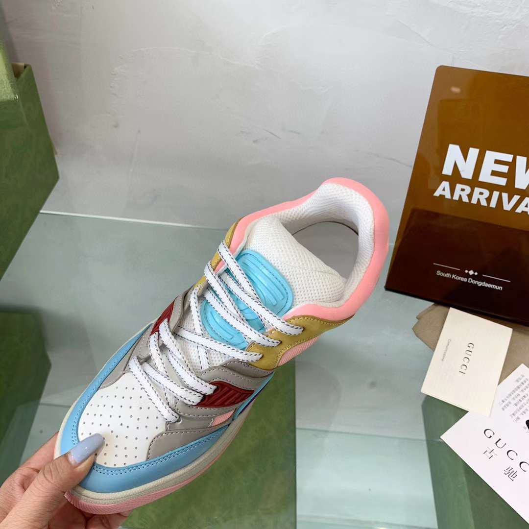 Gucci Unisex Basket Sneaker Blue Demetra White Mesh Rubber Interlocking G Low Heel