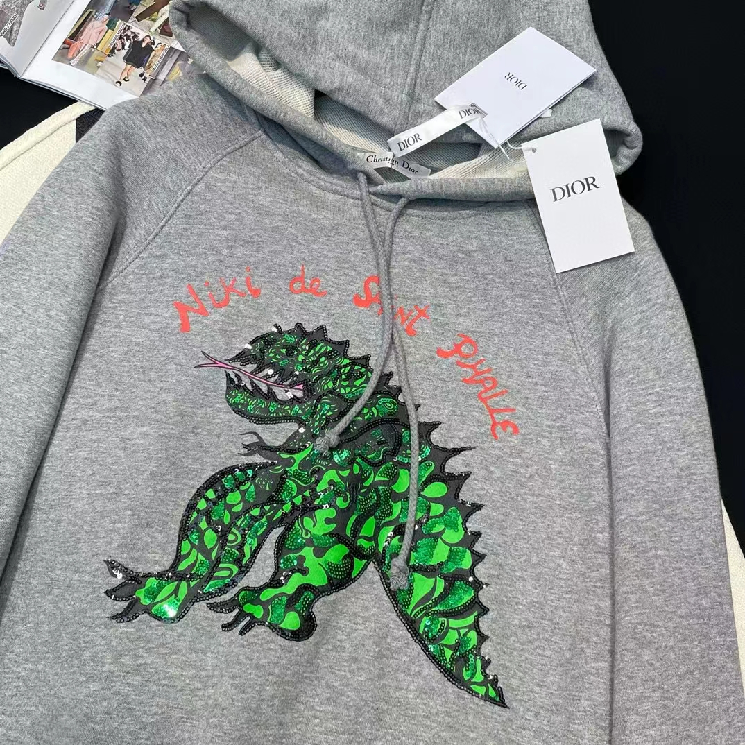 Dior Men CD Embroidered Hooded Sweatshirt Gray Cotton Jersey Green Dragon