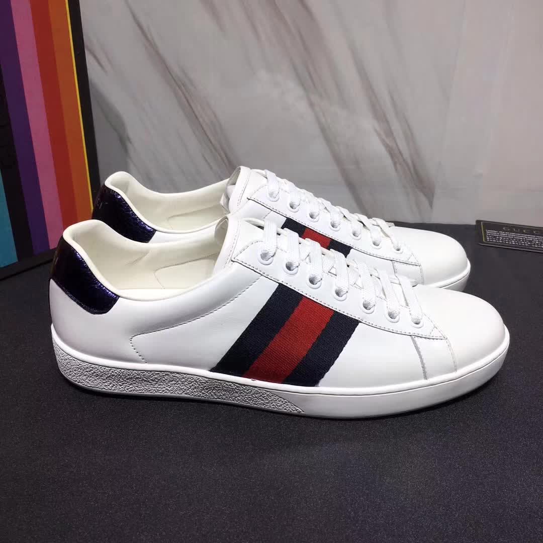 Gucci Men Ace Low-top Sneaker Shoes in Leather with Web-Navy