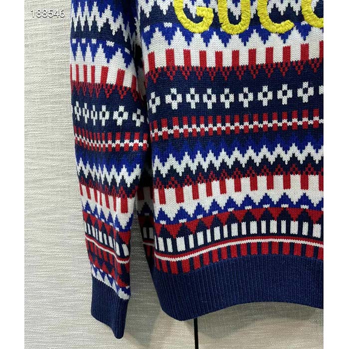 Gucci Men Knit Wool Sweater Gucci Embroidery Crewneck Dropped Shoulder Rib Style ‎763391 XKDOX 4216