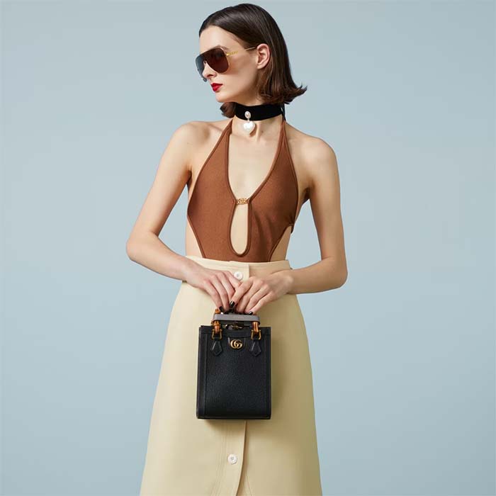 Gucci GG Women Gucci Diana Mini Tote Bag Double G Black Leather