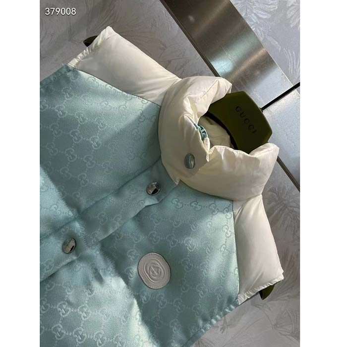 Gucci Women GG Cotton Canvas Padded Gilet Light Blue High Neck Interlocking G Sleeveless