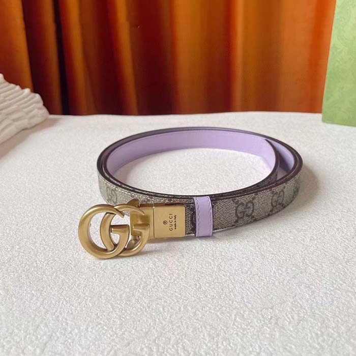 Gucci Unisex Marmont Reversible Thin Belt Beige Ebony GG Supreme Canvas Purple Leather