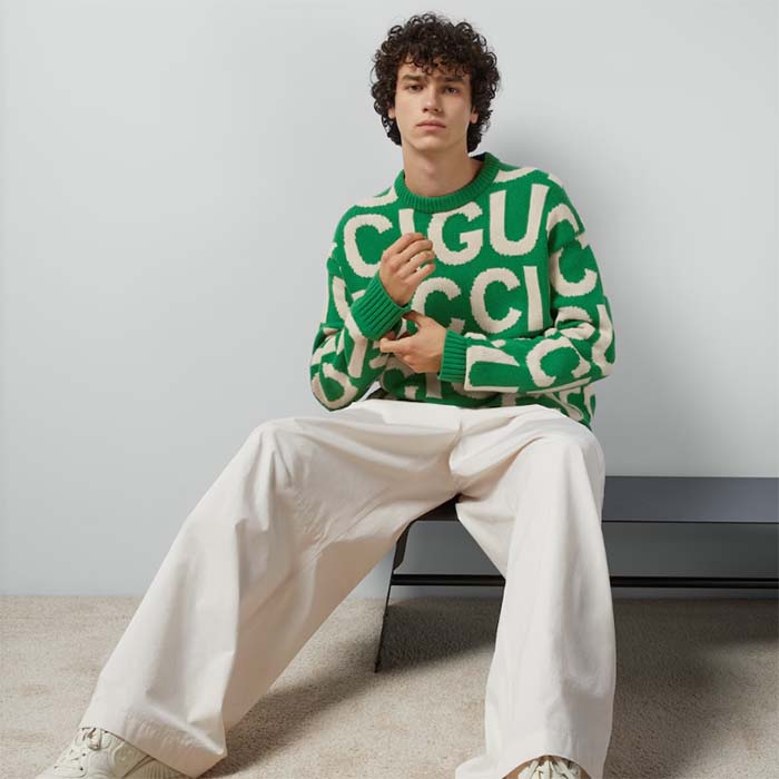 Gucci Men GG Wool Sweater Gucci Intarsia Green Crewneck Dropped Shoulder