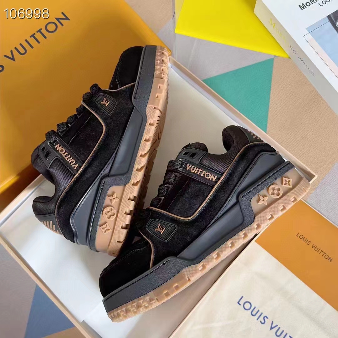 Louis Vuitton Unisex LV Trainer Maxi Black Suede Calf Leather Textile Laces Beads Rubber