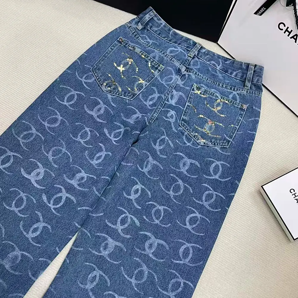 Chanel Women CC Jeans Flared Jeans in Washed Denim