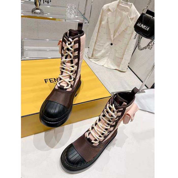 Fendi Women FF Domino Biker Boots Pink Nylon Polyamide Polyester 5 Cm Heel