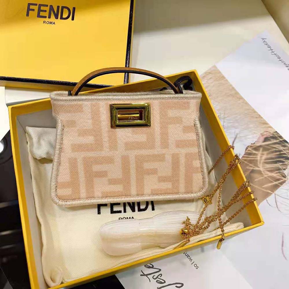 Fendi Women Nano Peekaboo Charm Beige Wool Charm-Pink