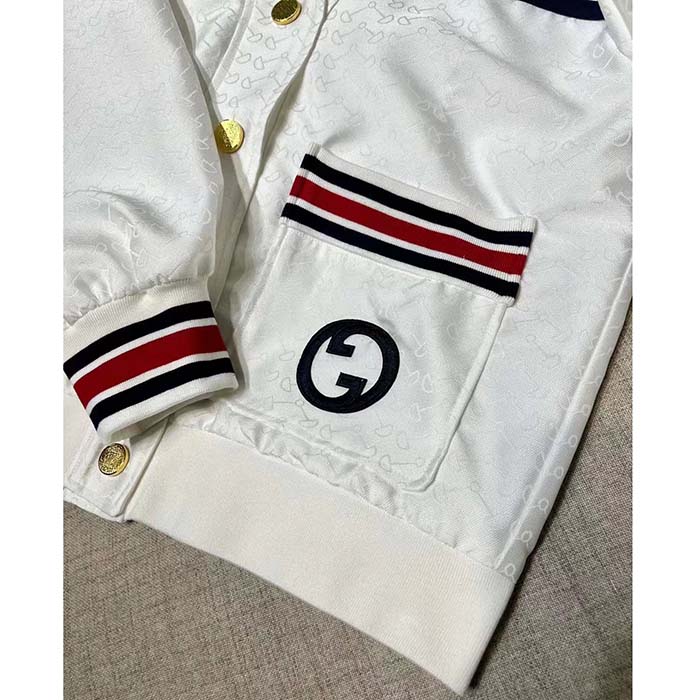 Gucci Women GG Technical Jersey Cardigan Web White V-Neck Dropped Shoulder Long Sleeves