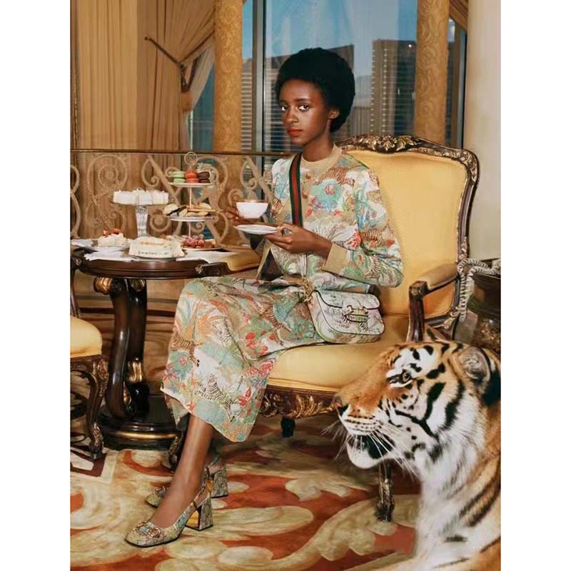 Gucci Women GG Tiger Jacquard Cardigan Gold Green Tiger Flower Extra Fine Lurex Crewneck