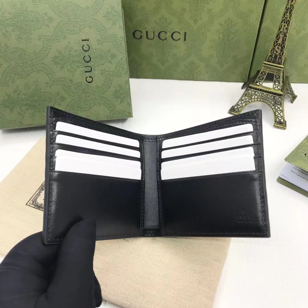 Gucci Unisex GG Marmont Leather Bi-Fold Wallet Black Smooth Leather Double G