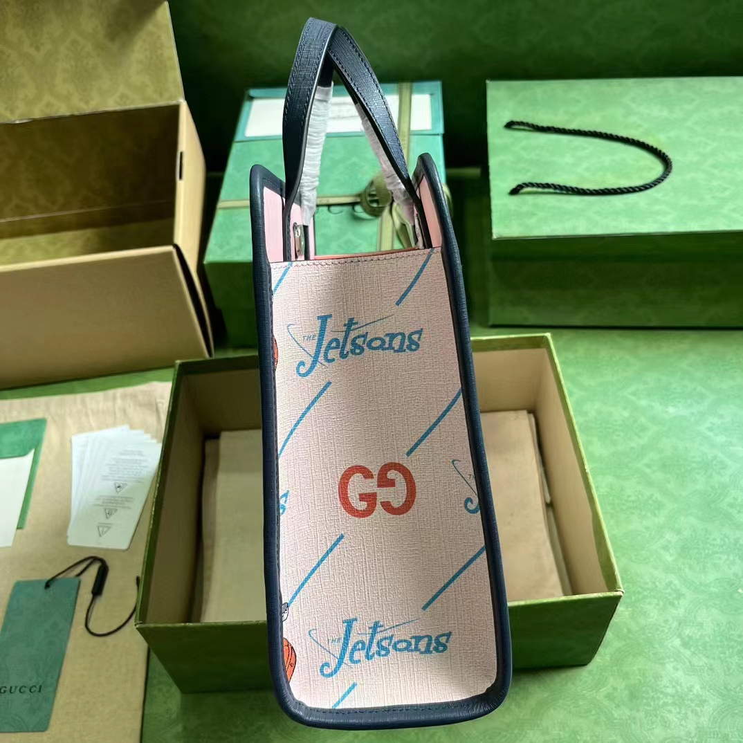 Gucci Unisex Printed Tote Bag GG The Jetsons Print Pink Blue Supreme Canvas