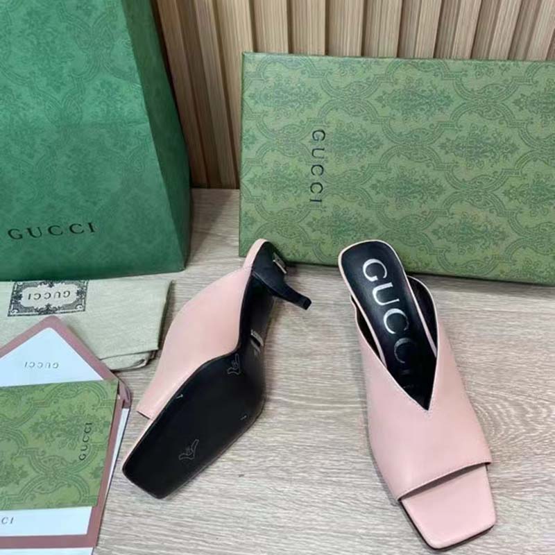 Gucci Women GG Mid-Heel Open Toe Pump Light Pink Leather Square Toe