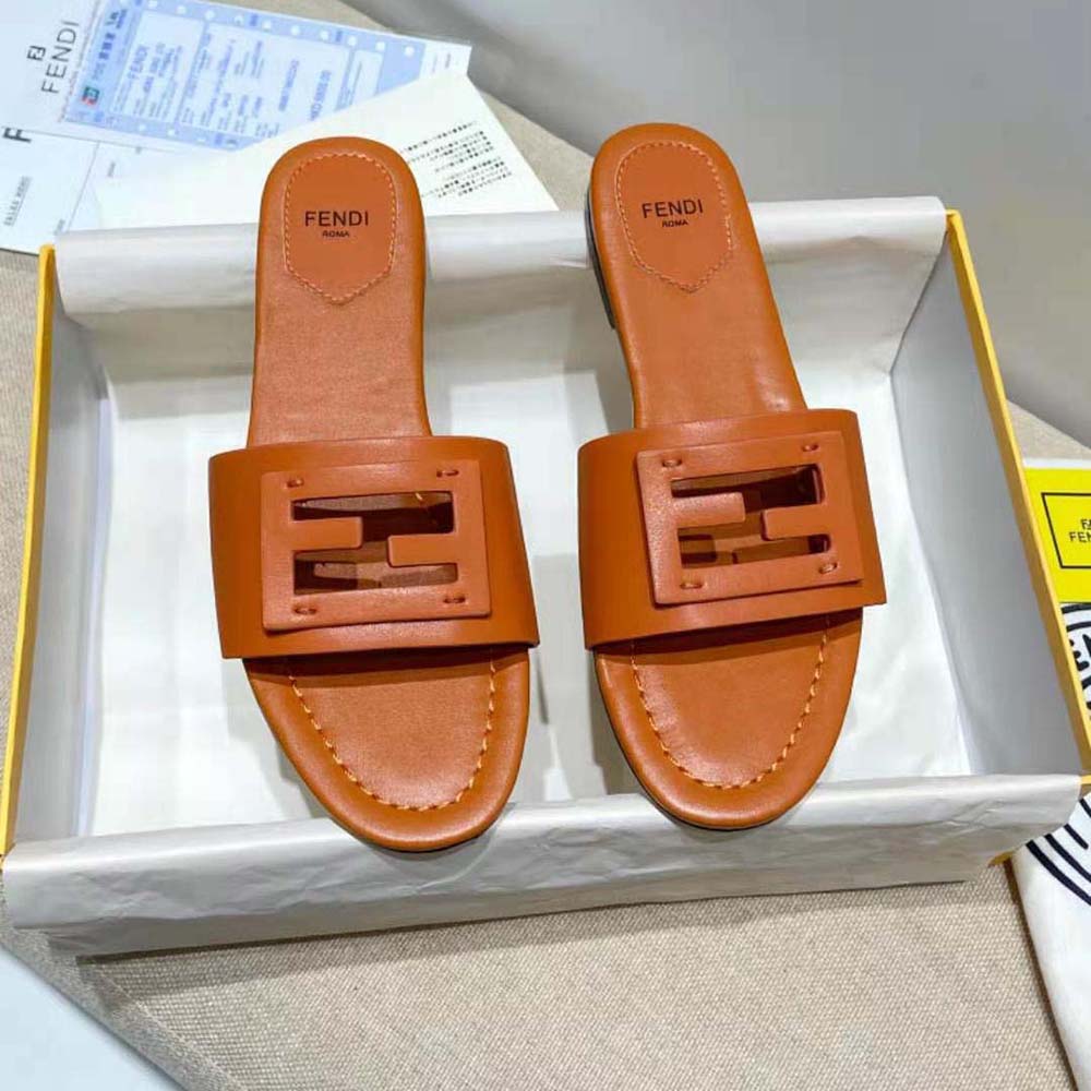 Fendi Women Signature Brown Leather Slides in 0.4 inches Heel Height