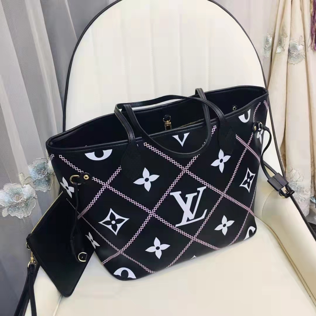 Louis Vuitton LV Women Neverfull MM Tote Black Pink Grained Cowhide Leather