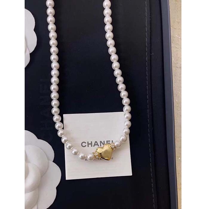 Chanel Women CC Chain Belt Metal Glass Pearls Strass Gold Pearly White Crystal