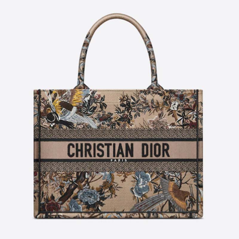 Dior Women CD Medium Book Tote Beige Multicolor Jardin D’Hiver Embroidery