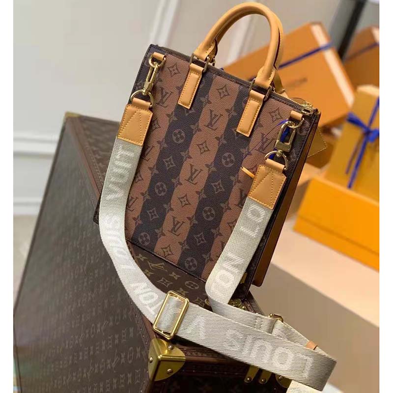 Louis Vuitton LV Unisex Sac Plat Cross Monogram Stripes Brown Coated Canvas