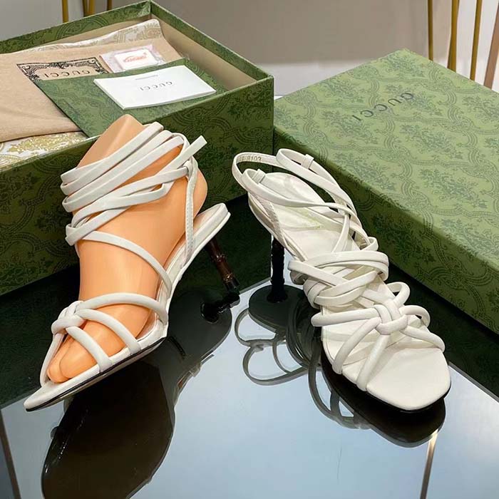 Gucci Women GG Strappy Sandal Bamboo White Leather Bamboo Low Heel