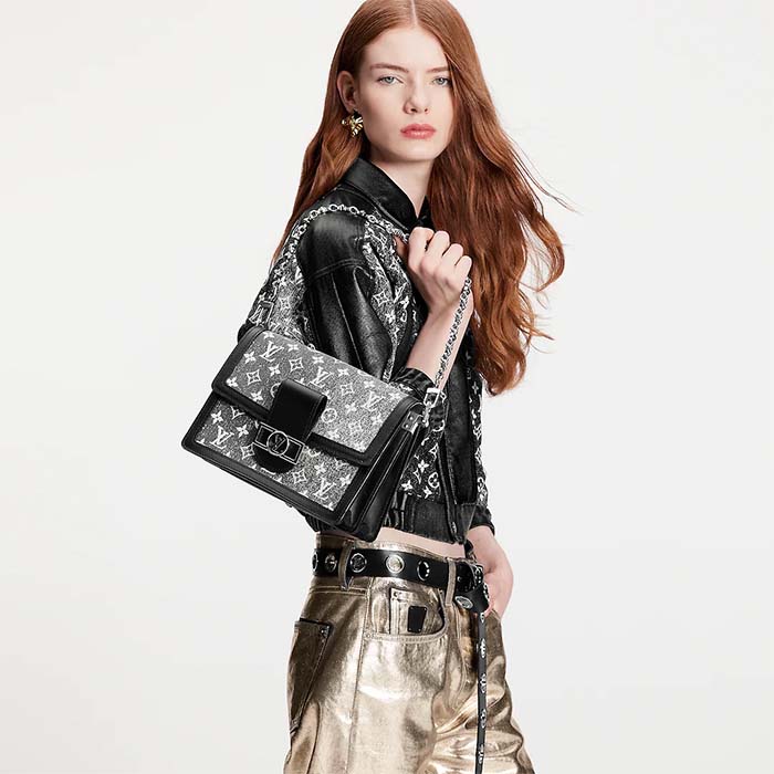Louis Vuitton LV Women Dauphine MM Handbag Gray Denim Textile Jacquard