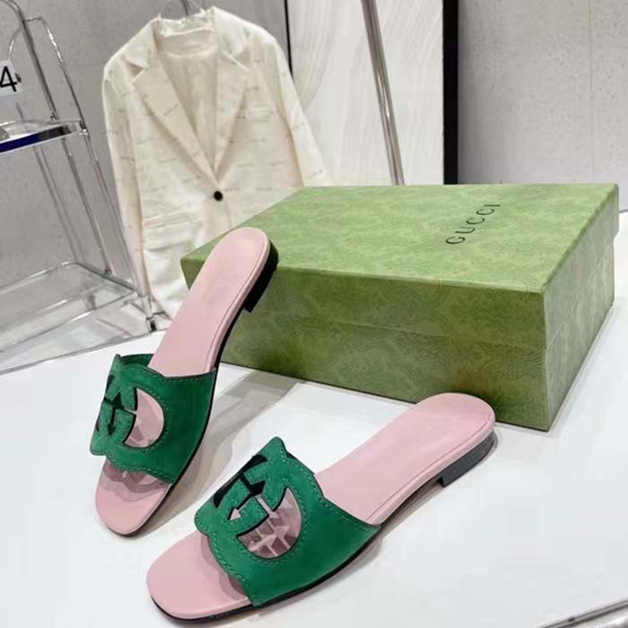 Gucci Unisex Interlocking G Cut-Out Slide Sandal Green Pink Suede Flat