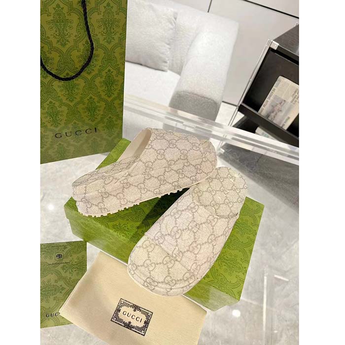 Gucci Unisex Slide Sandal Interlocking G Beige Ebony GG Rubber Low Heel