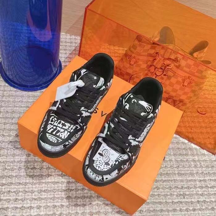 Louis Vuitton Unisex LV Trainer Sneaker Black Printed Canvas Rubber Outsole Monogram Flowers