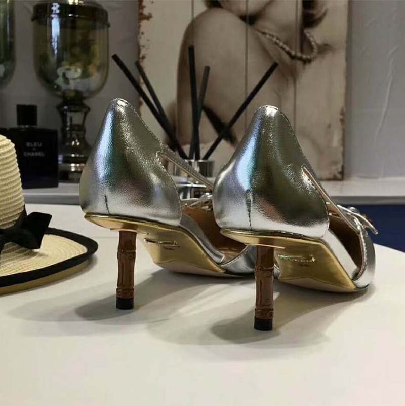 Gucci Women Shoes Metallic Leather Pump with Crystal Double G 50mm Heel-Silver