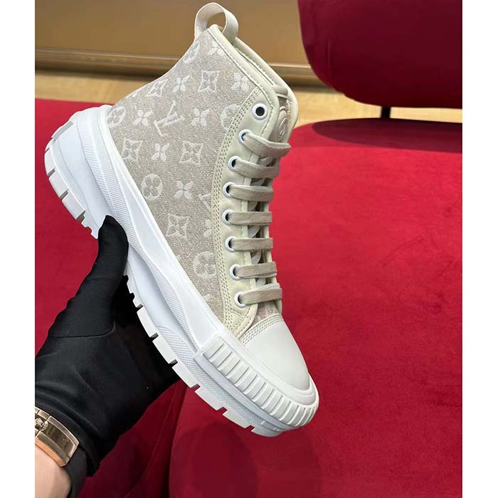 Louis Vuitton Women LV Squad Sneaker Boot Beige Monogram Denim Circle Double Laces