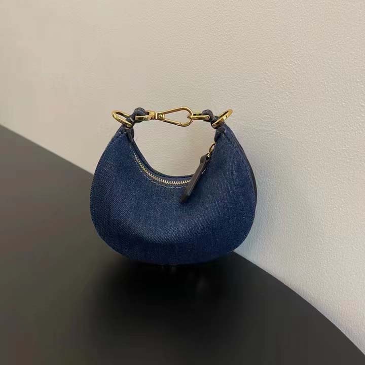 Fendi Women FF Nano Fendigraphy Hobo Bag Blue Denim Charm